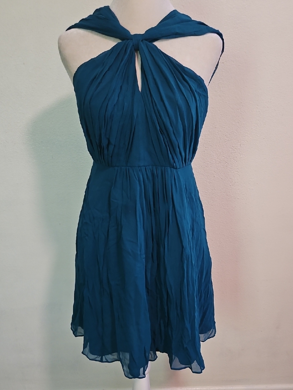 Ann Taylor 100% Silk Georgette  Keyhole Dress 0P Teal/Blue